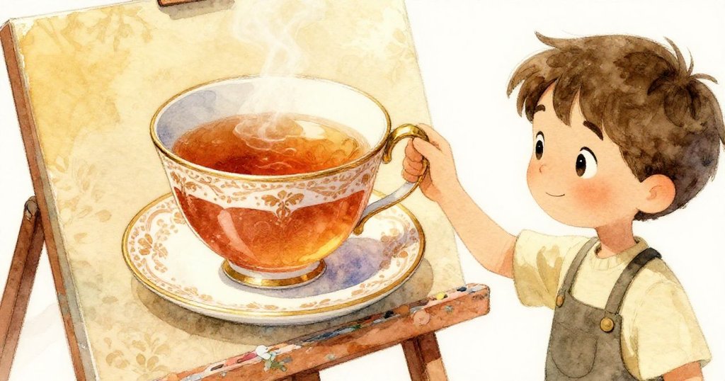 Leo專注於調色時，畫架上的瓷茶杯特寫展現精緻紋理與茶色光澤，氛圍溫暖寧靜。