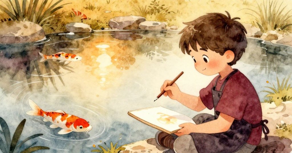 Leo邊畫邊觀察池塘中的倒影，水面映出他的筆觸與游動錦鯉，畫面細膩詩意逐步發展。
