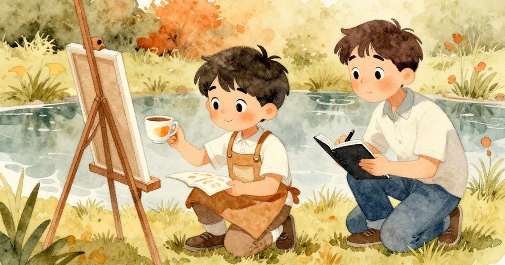 記者蹲在隱蔽草叢邊，手持筆記本記錄Leo創作瞬間，輕觸茶杯，表情好奇且專注，情節轉折明顯。