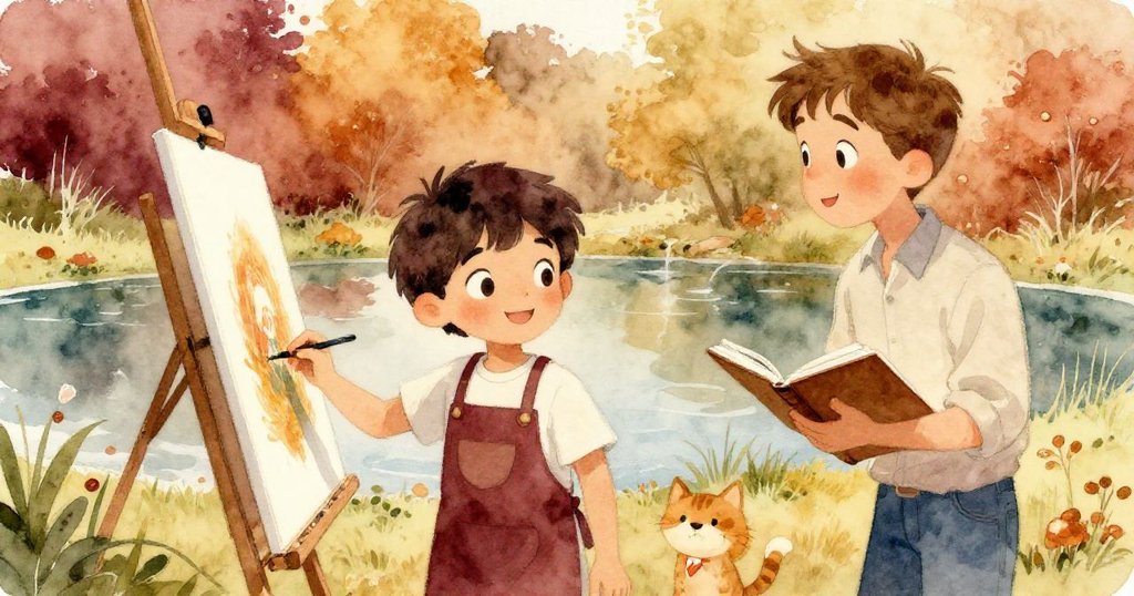 Leo與記者面帶微笑交流，欣賞完成的畫作，環境中散落畫具與池塘背景，情感由緊張轉為喜悅。