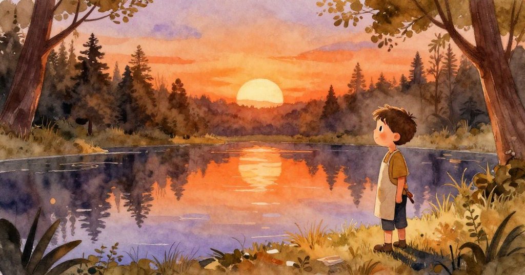 Leo於夕陽下靜立於完成畫前，寧靜池塘映出紫羅蘭與橙色晚霞，情節由創作高潮進入平和收尾。