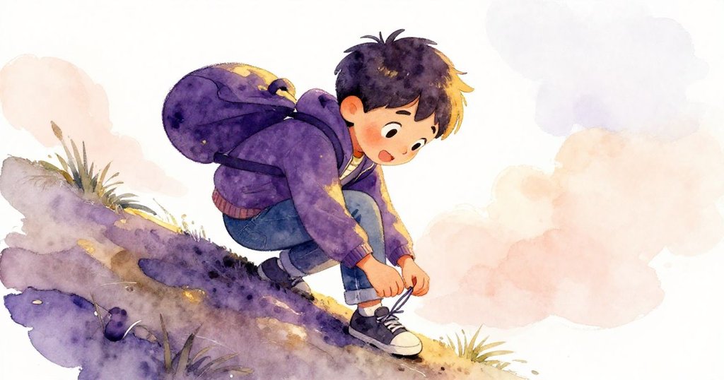 Leo在坡道上仔細調整松散鞋帶，旁邊小袋子輕輕搖晃，顯示出冒險中意外的小變化，他神情專注且充滿好奇。