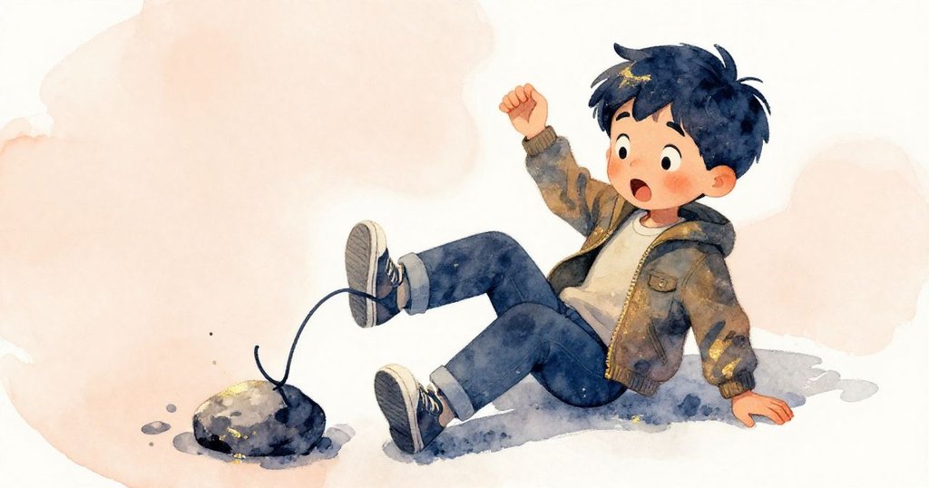 從上方俯視，Leo因鞋帶勾住小石頭而滑倒，臉上充滿驚訝與狼狽，柔軟泥土與微光背景強調事故瞬間。