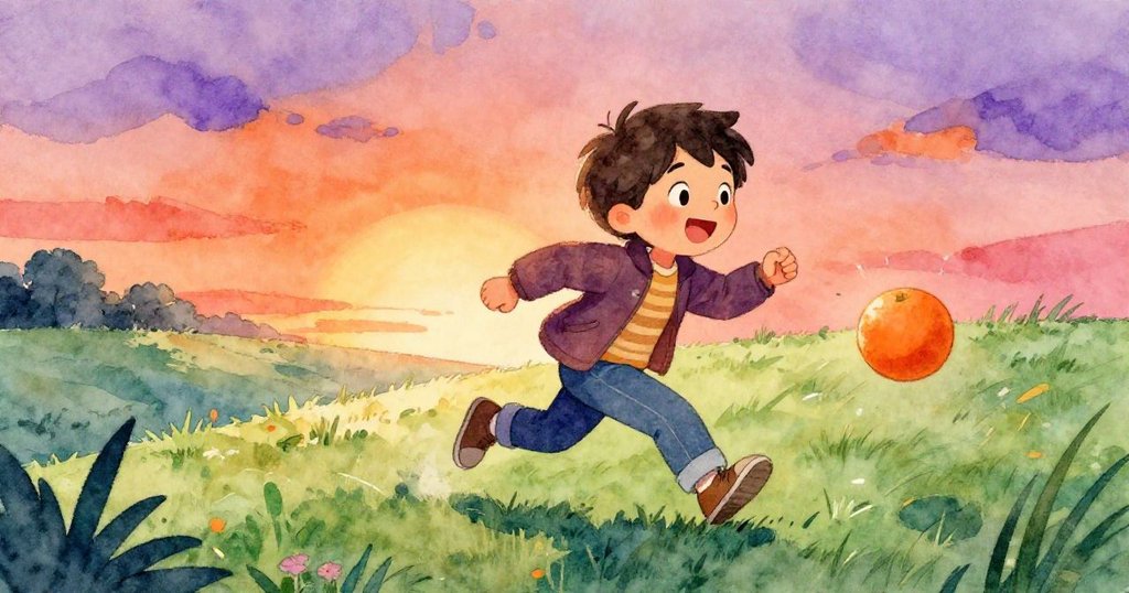 Leo快步追趕在綠油油丘陵上彈跳的橘子，他臉上洋溢著歡笑與挑戰精神，背景夕陽映照草地生動有趣。