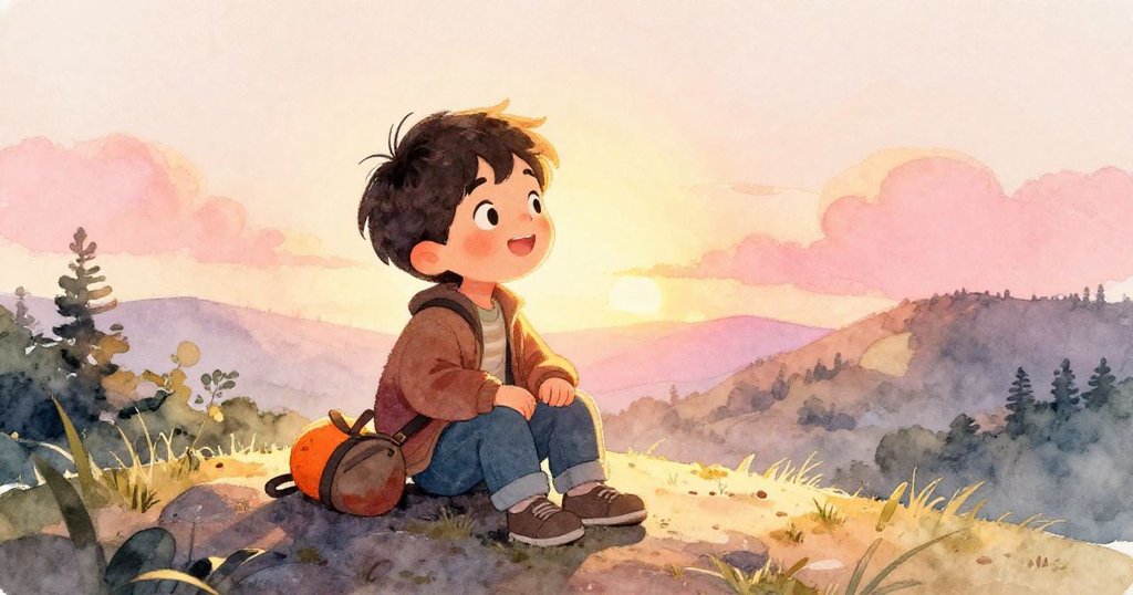 Leo坐在山頂大石上，臉上露出滿足且寧靜的微笑，微風吹拂著他的髮，金色夕陽溫柔灑落於大地，象徵冒險結束的美好時刻。