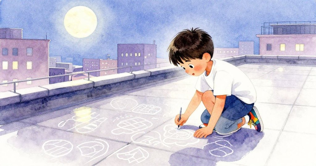 米洛低頭劃粉筆線條，專注於屋頂上標記舞步，月光映照下展現細緻用心的動作。