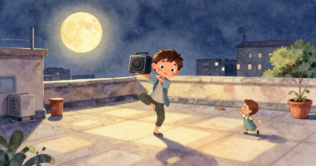 米洛驚訝看著喇叭滑動撞倒燈籠，屋頂上突現動感，物件意外交織出緊張瞬間。