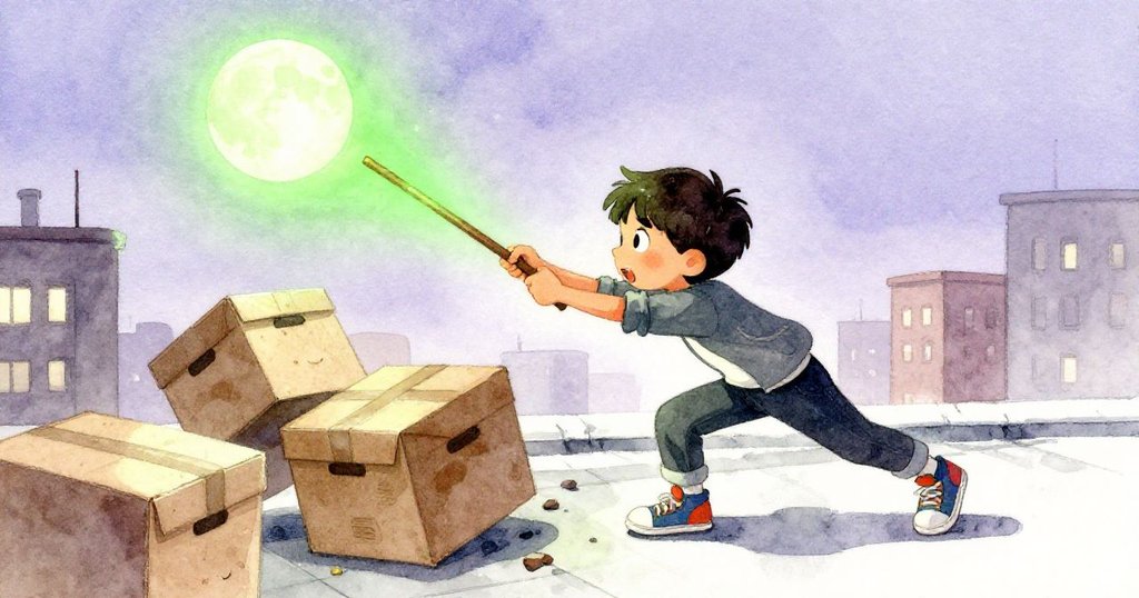 米洛奮力推動屋頂上散落的箱子，臉上展現堅定與急切，混亂場景中充滿奮鬥的氣息。