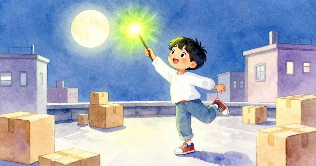 米洛在月光與綠光映照下重拾舞步，自信旋轉，屋頂恢復整潔，臉上滿是喜悅與解脫。