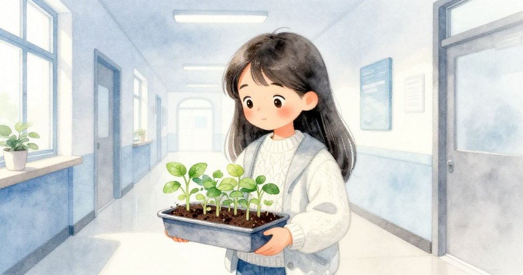 米婭在寧靜走廊中輕輕抱著番茄幼苗托盤,神情溫柔等待十一點校鐘敲響,展現故事序章。