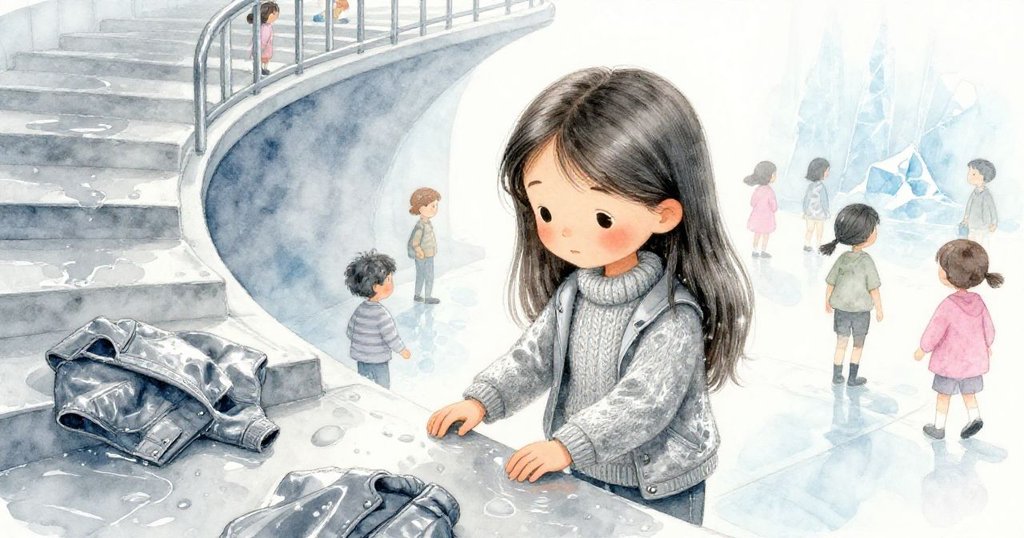 米婭從低角度仰視的堅定身影穿越擁擠濕滑樓梯,托盤與外套互動顯露匆忙與毅力。