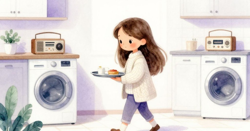 米婭在充滿金屬光澤的洗衣房中輕步前行,收音機傳來希望旋律,托盤伴隨穩定情感前往屋頂。