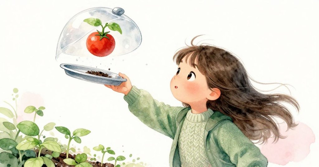 米婭在門前驚喜捕捉旋轉幼苗,風起托盤蓋飛揚,情緒緊張中流露出保護與溫柔關懷。