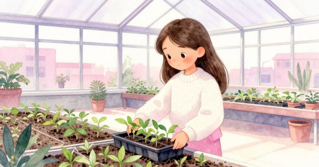 米婭在綠房內溫柔操作托盤與衣物,穩定幼苗後關上門扉,環境明亮溫暖結束忙碌歷程。