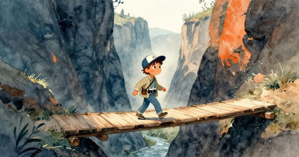 馬泰奧調整相機帶,踏上以晨光映照的木橋,遠眺峽谷深處,充滿期待與決心,開始冒險。