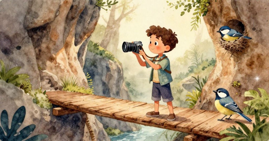 特寫木橋木板與繩索紋理,馬泰奧緊握欄杆,相機掛在胸前,畫面細膩傳遞冒險細節。