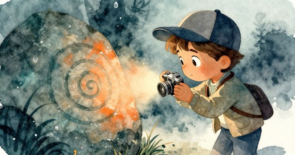 從相機鏡頭視角望去,馬泰奧專注捕捉石上古老螺旋圖紋,背景中隱現霧氣與光影,展現冒險探索。