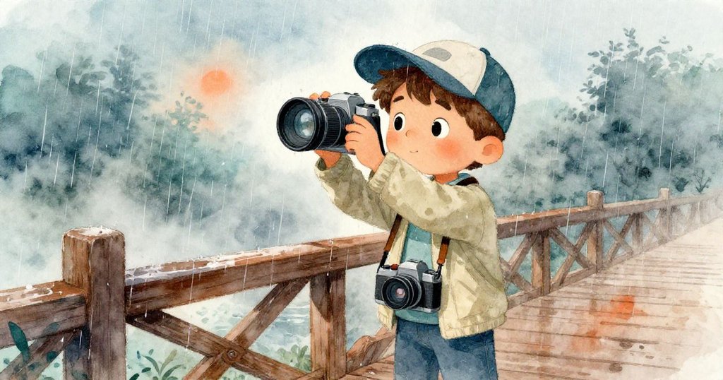 金橙晨光中,細雨與薄霧交織,馬泰奧忙著擦拭濕黏鏡頭,表情專注期待奇遇,捕捉自然變換。