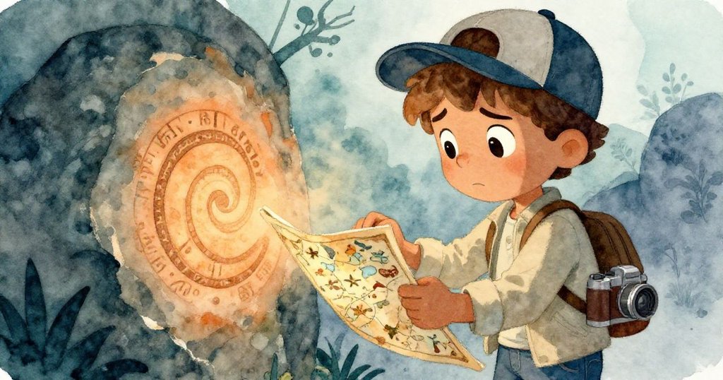 馬泰奧面露困惑,低頭檢查地圖與刻痕,內心掙扎等待鳥影,情感細膩表露冒險矛盾。