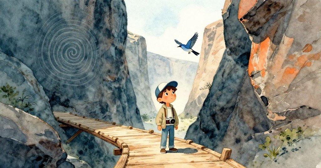 霧氣散去,馬泰奧小心觀察岩石上古老螺旋,遠處藍喉鶲掠過,展現冒險探索與自然廣闊。