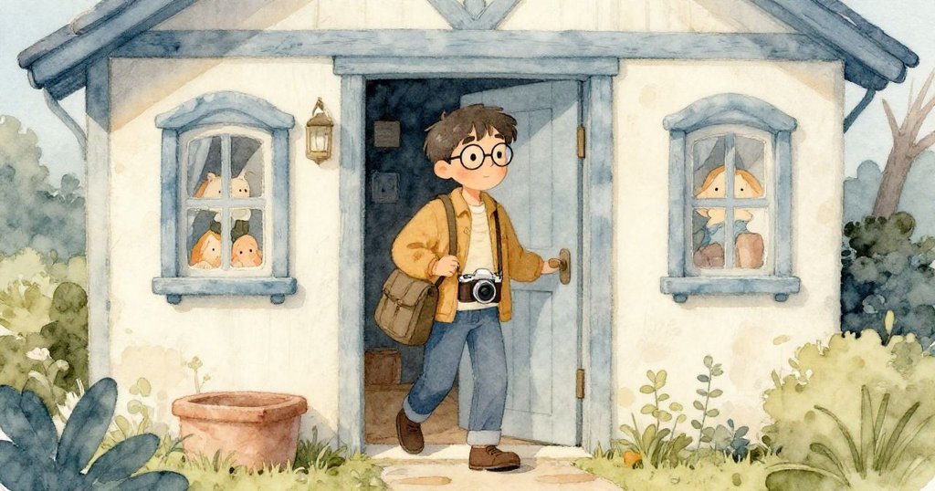 米洛在朦朧晨光中邁出小屋門，背著相機包，臉上流露出期待與決心，開始一天的冒險。