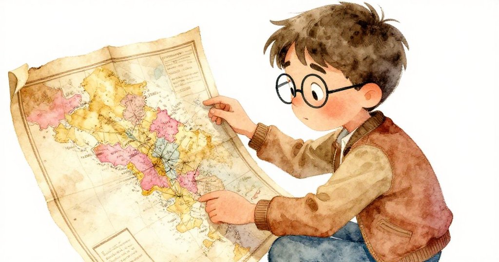 米洛聚精會神地檢查手中舊地圖，眼神充滿夢想與堅定，室內柔光襯托出歷史質感。