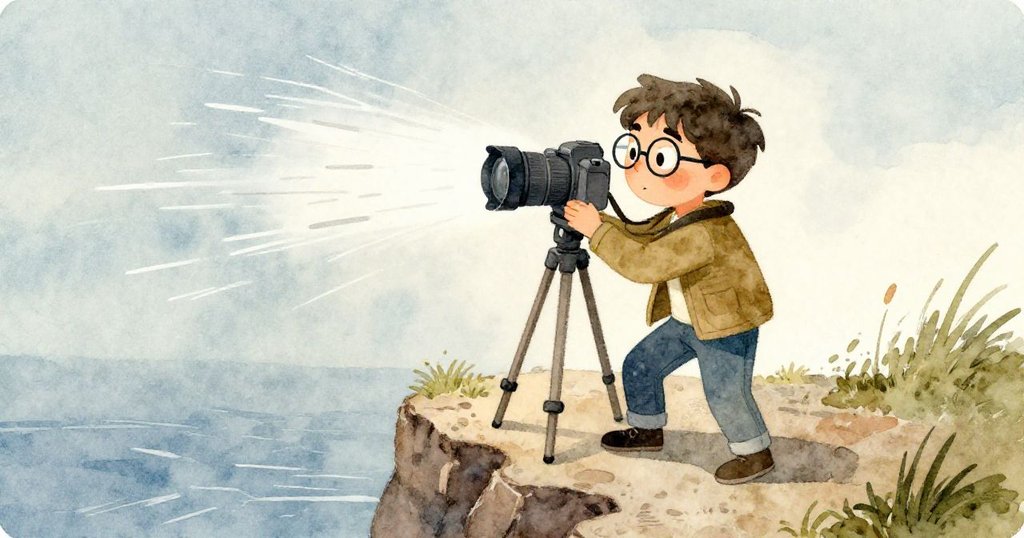 米洛站在懸崖邊，面對刺骨狂風，舉著相機與三腳架，展現堅定與奮鬥的勇氣。