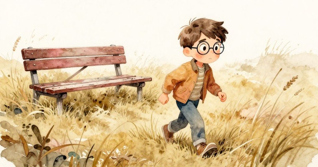 米洛穿越及膝草叢至廢棄野餐長椅，神情專注且堅毅，溫暖晨曦映照過渡中顯露挑戰與希望。