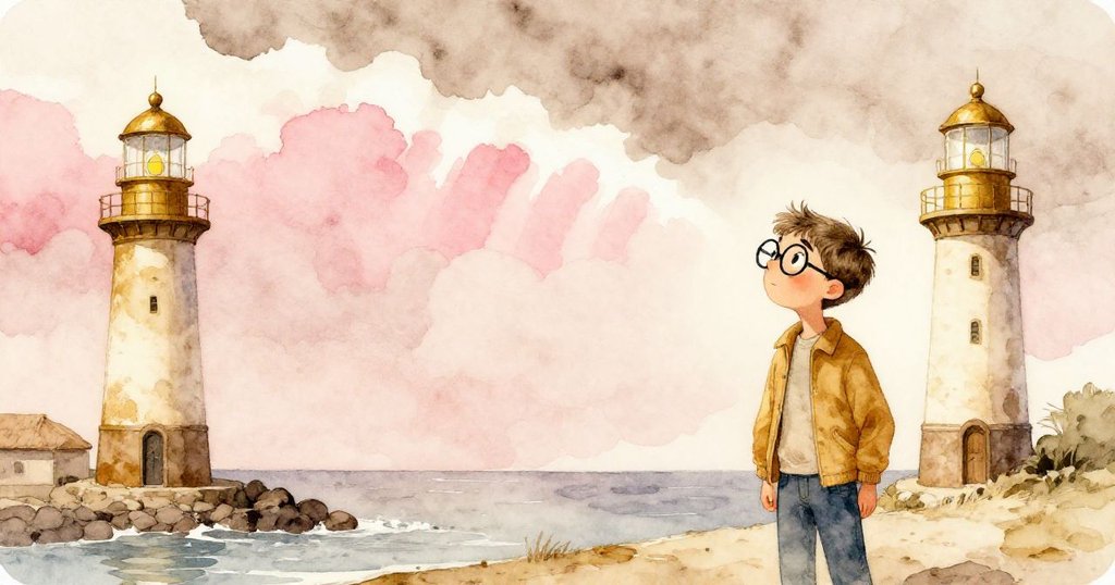 米洛站在海邊，驚嘆凝視晨曦中與燈塔重疊的雲彩弧線，眼中滿是溫柔回憶與感動。