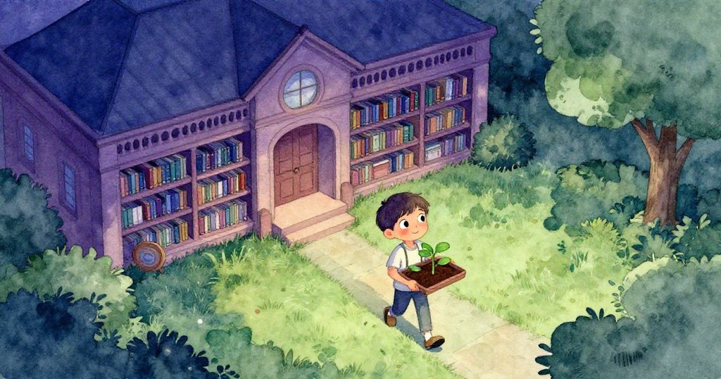 Nico 穿過圖書館後的草地,手持托盤運送番茄幼苗,夕陽映照,充滿期待與勇氣,展現黃昏中的生機。