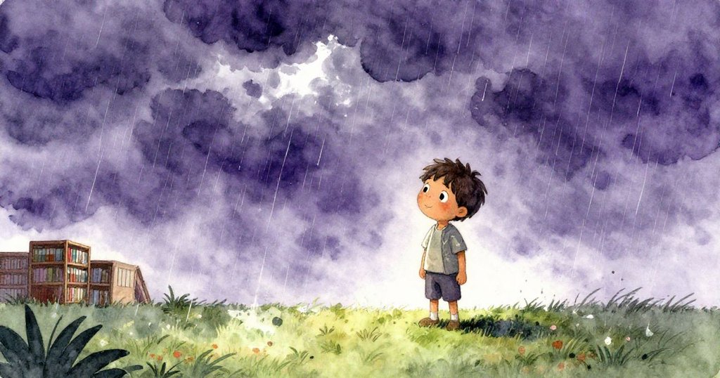 Nico 站在圖書館入口處,雨滴初降,蒼穹變黯,臉上流露出期待與微妙焦慮,過渡時刻充滿詩意。