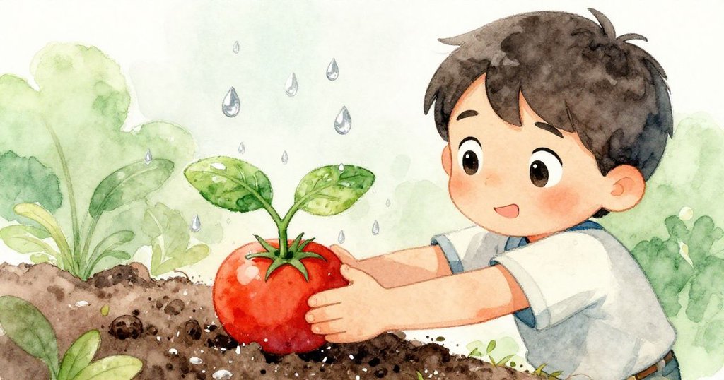 Nico 在雨中用力按壓番茄幼苗,水珠四濺濕潤土壤,展示出與自然共舞的果敢與轉機。