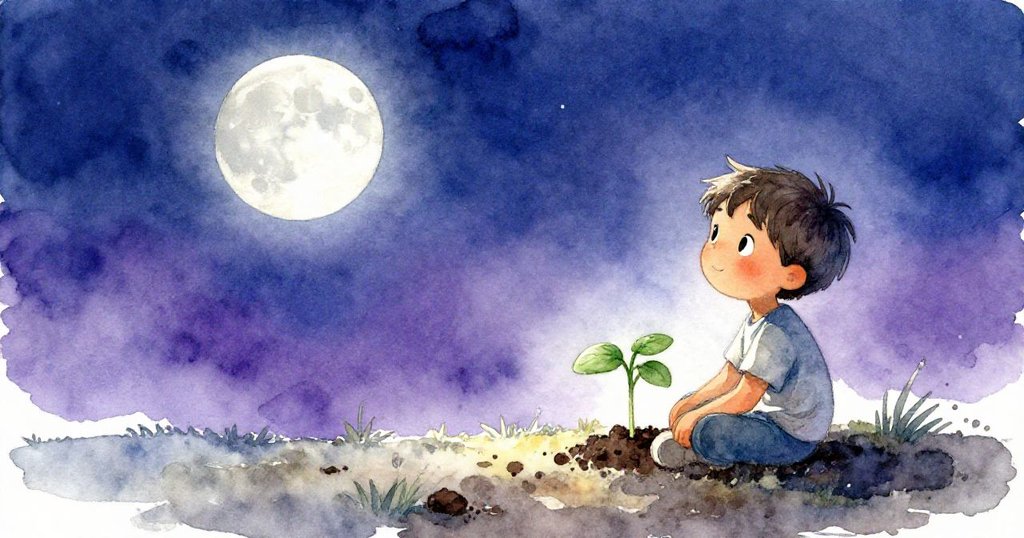 Nico 靜坐在花園角落,閉目享受雨後餘暉與平靜夜色,番茄幼苗象徵著希望和豐收。