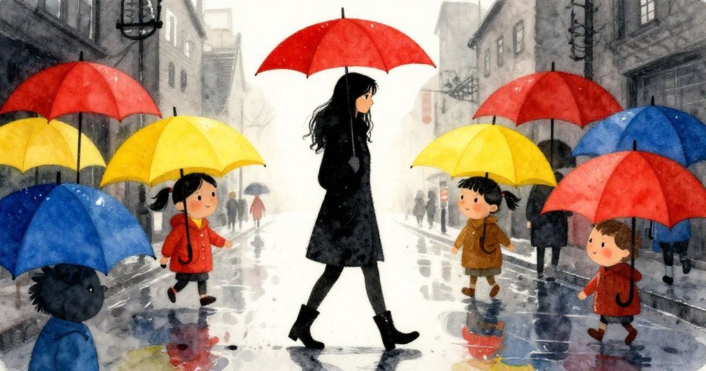 Mara 在Wren街上雨中奔跑，剪影映襯著明亮風暴背景，充滿魄力與焦急，街面熱鬧人群與雨傘交織。