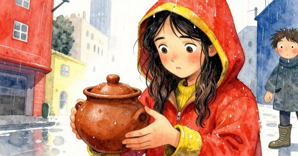 Mara 仔細握著陶罐，雨滴散落在手與物上，臉上流露堅定與專注，背景模糊呈現繁忙街景。