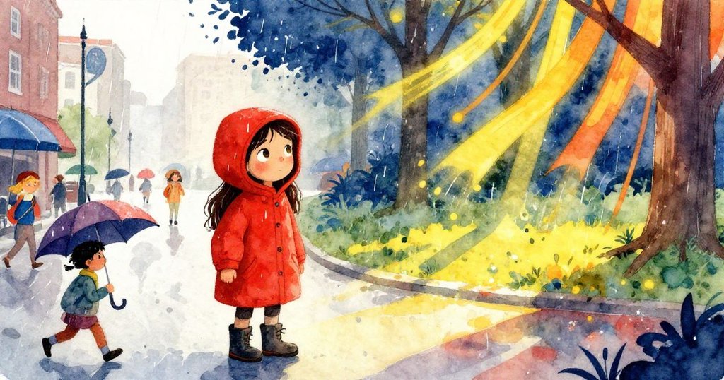 Mara與人群行進中，一邊呈現雨中繁忙街頭，另一邊奇幻光影交錯於公園，展現驚奇與魅力。