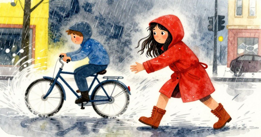 Mara急速穩住身形，自行車疾馳而過激起水花，雨中的動態與急促步伐營造緊張驚險氛圍。