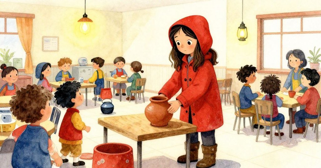 Mara在社區中心將陶罐置於桌上，志工忙碌調整燈光，室內溫暖柔和，象徵暴風後的平靜與希望。