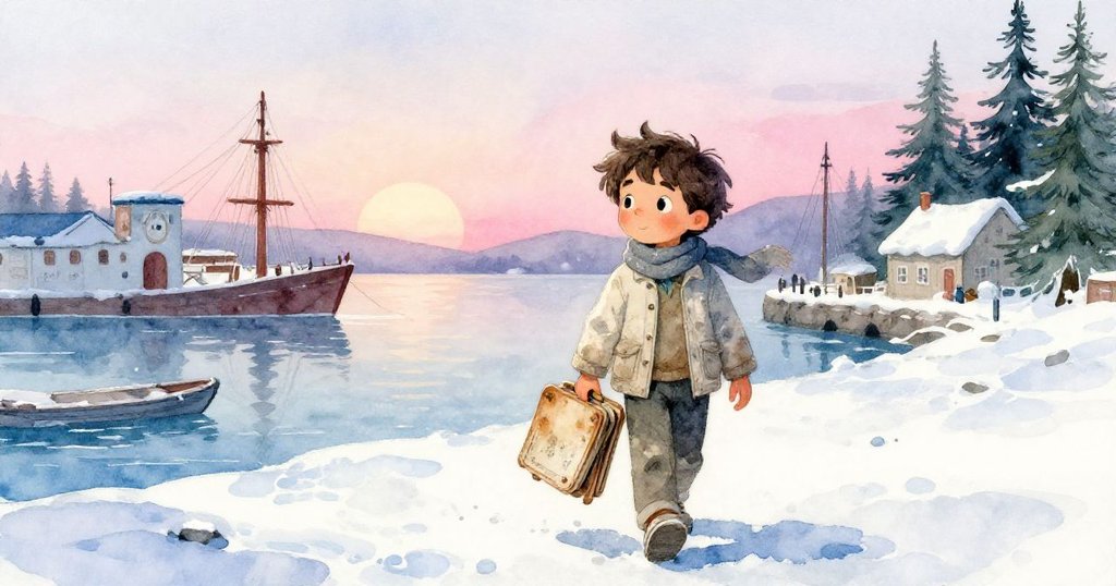 米洛黎明時分踏入古老港口，手握凳子與畫本，濕潤石板路與曙光交織，流露探索與期待之情。