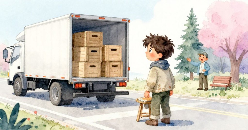 米洛在交叉路口停下，觀看貨車卸下印有標記的厚箱子，背景中漁夫熱情招手，充滿好奇與關懷。