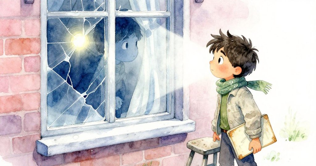 米洛專注凝視破裂窗格，透過灑落陽光看到滑動門後一抹藍色肌膚，瞬間驚奇與好奇呼之欲出。