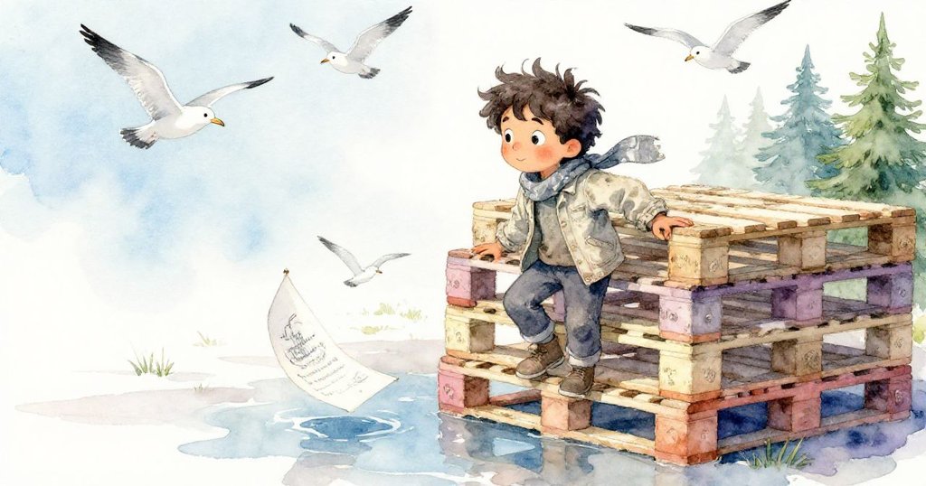 米洛攀爬木墊堆，鷗鳥掠過上空，一張畫紙滑入水坑，墨跡如灰雲擴散，神情既堅定又略顯失落。