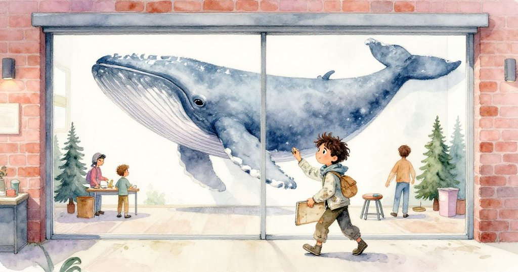 室內滑動門齊合瞬間展現完整鯨魚壁畫，米洛急速描繪，工人進進出出，動感與魔幻光影交織在一起。