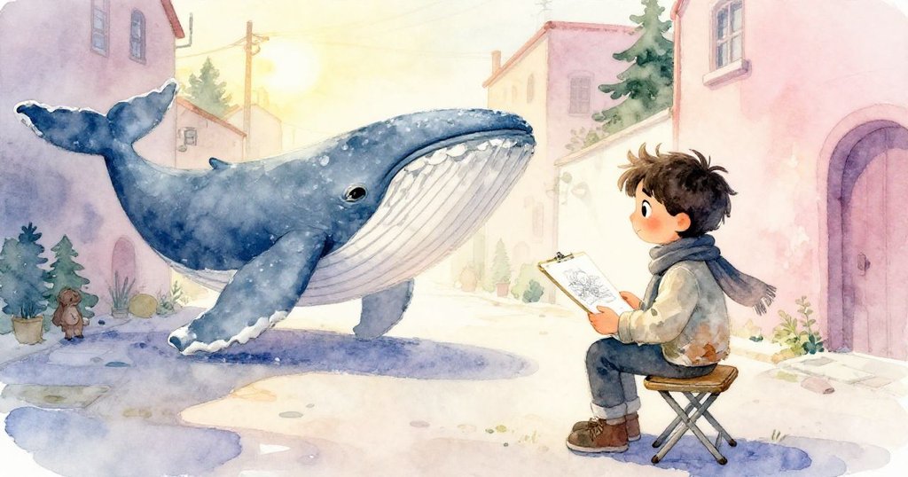 米洛坐在乾燥處的凳子上，欣賞完成的鯨魚畫作，金色夕陽灑落，溫暖光影中流露出成功與平靜的滿足。