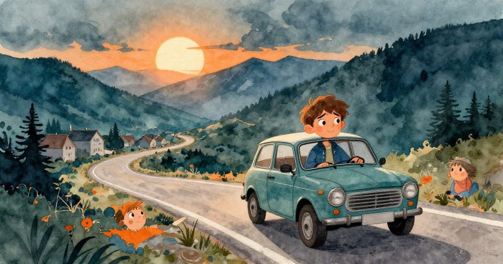 米洛駕駛老舊掀背車沿著蜿蜒山路前行，晨曦映照小鎮，臉上展現堅定與期待之情。