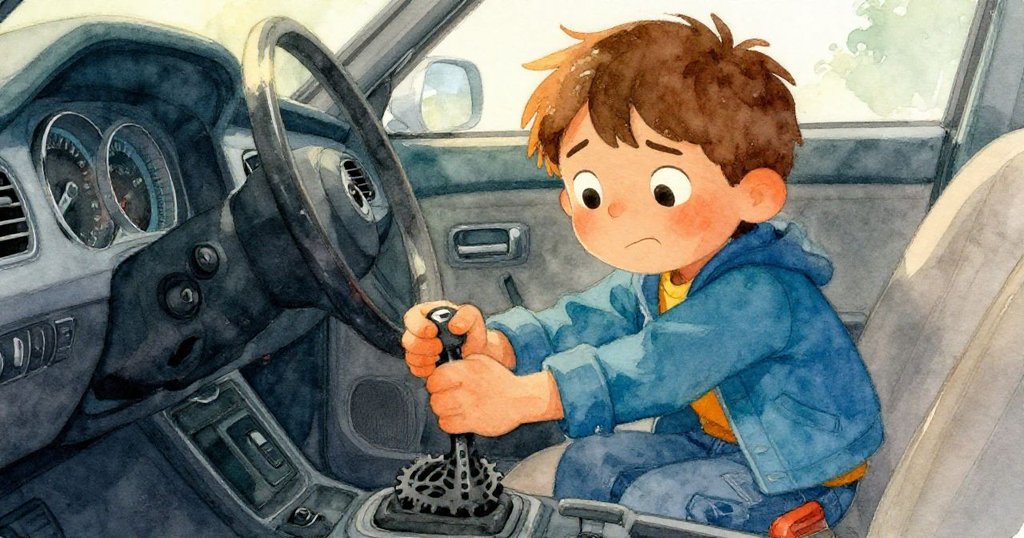 米洛緊握手中檔桿，努力推動卡住的機械裝置，手部顫抖中流露出專注與緊張情緒。