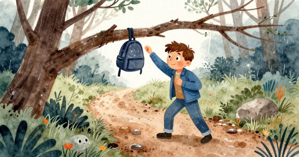 從小動物視角看，米洛遭遇樹枝纏繞艱難掙扎，臉上流露急切與不安，春雨濕潤地面映襯。