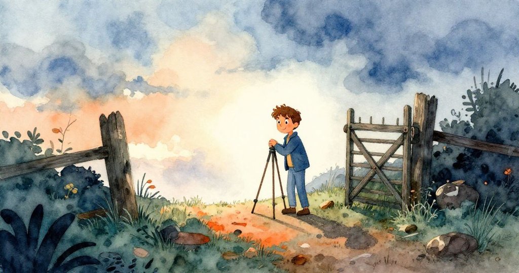 米洛穿越破舊大門，進入觀景秘境，仔細擺放三腳架捕捉初升日光與綠意景致。