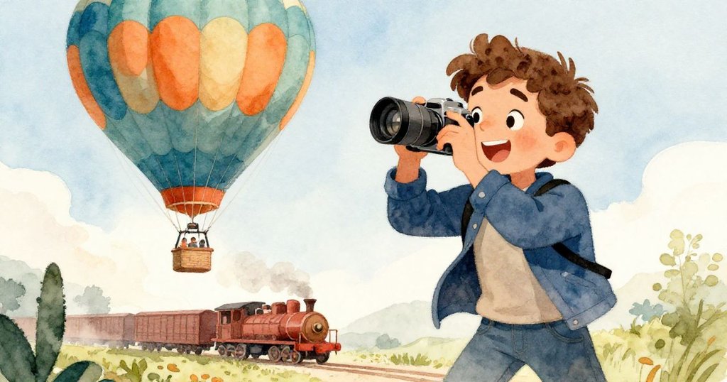 米洛興奮地調整相機，熱氣球如彩虹般飄浮，背景鐵路列車隆隆作響，現場充滿驚喜。