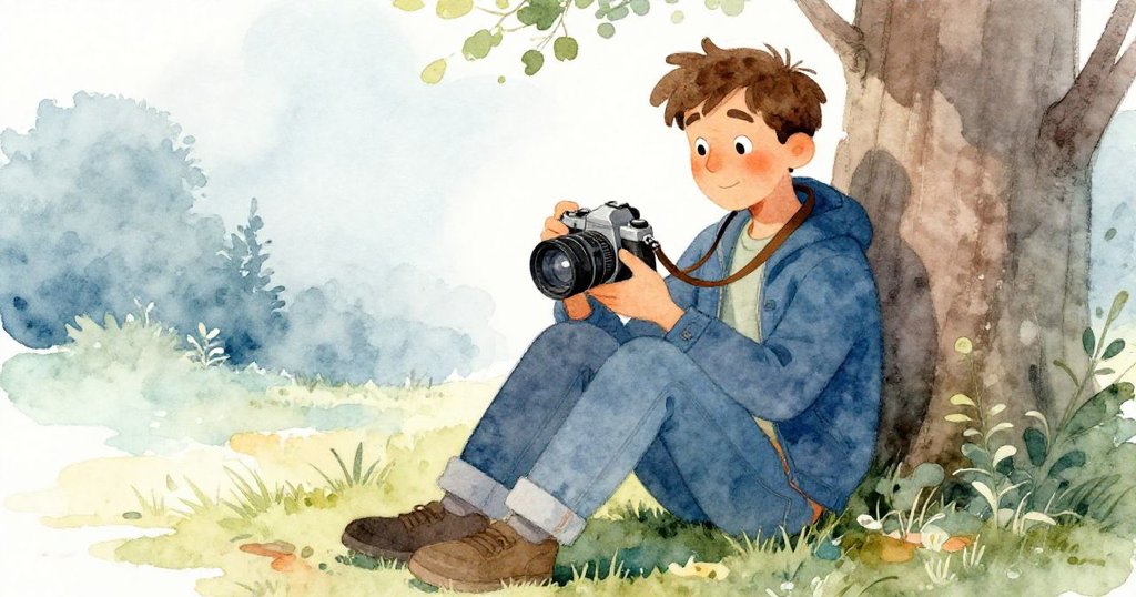 米洛面帶放鬆微笑，安詳地坐於晨光下休息，遠處火車聲輕輕迴盪，心情平和且充滿滿足。